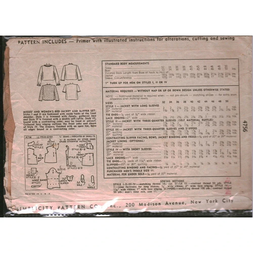 Vintage Simplicity 4756 Bed Jacket and Slipper Sewing Pattern Size 32 1940s